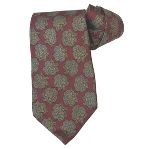 Louis Boston Burgundy Floral Silk Tie Teal Gold Medallion Classic Mens Necktie